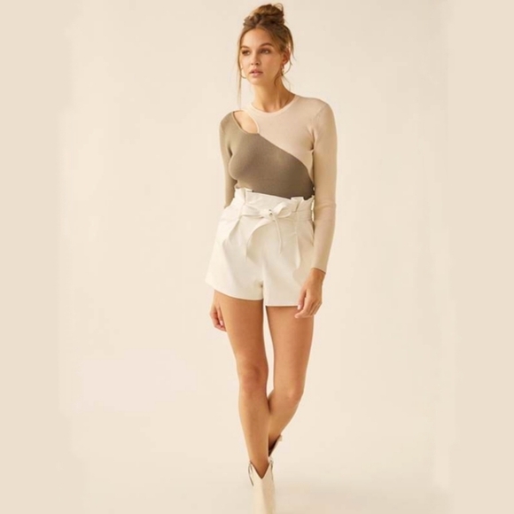 Idem Ditto Colorblock Ribbed Slit Neck Detail Sweater Olive Beige -sz M - Picture 9 of 9